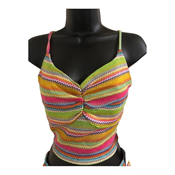 2pc rainbow multicolored crochet mesh look tank top & side tie shorts set size S - Picture 2 of 13